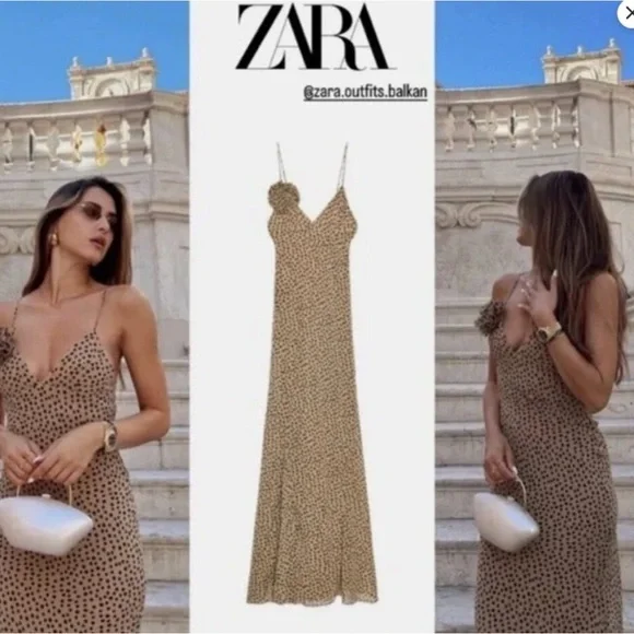 Zara Tan Maxi Dress with Black Dots - Picture 7 of 12